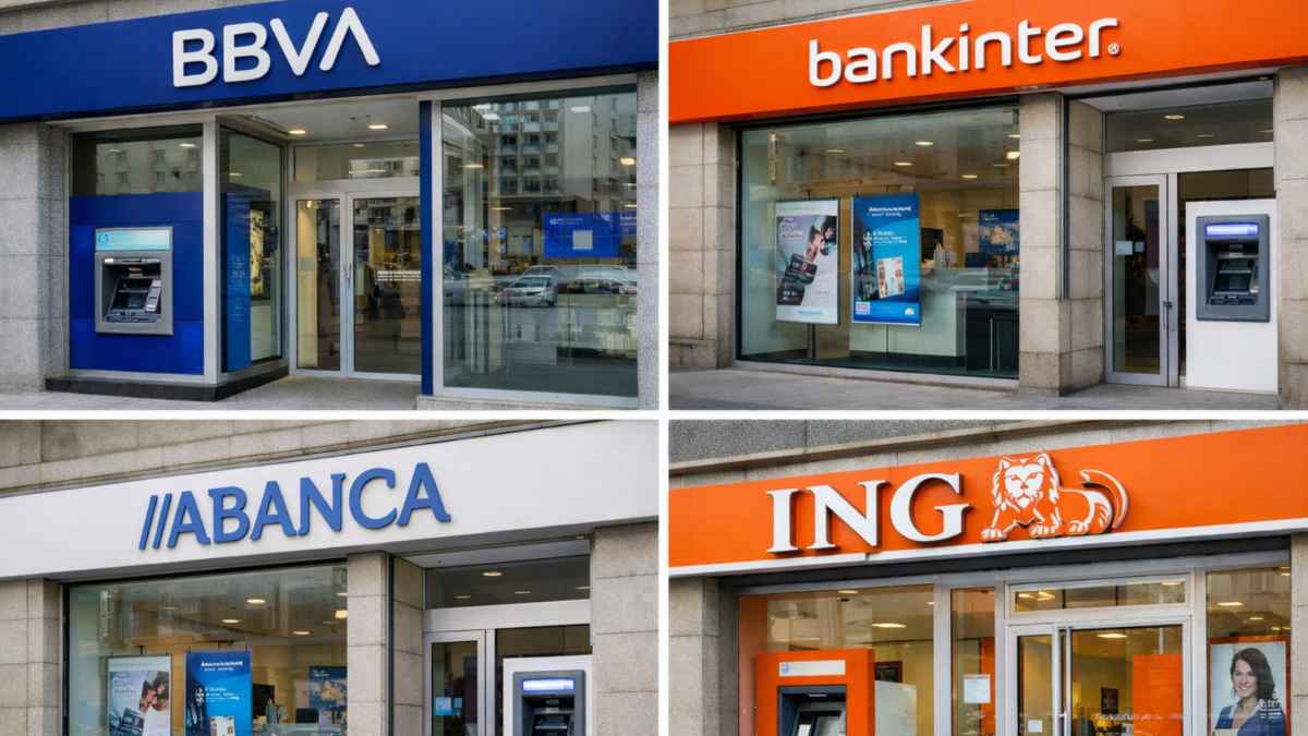 Collage de oficinas bancarias de BBVA, Bankinter, Abanca e ING con cajeros automáticos y fachadas, relacionado con la retirada de dinero en efectivo y los límites con Hacienda.