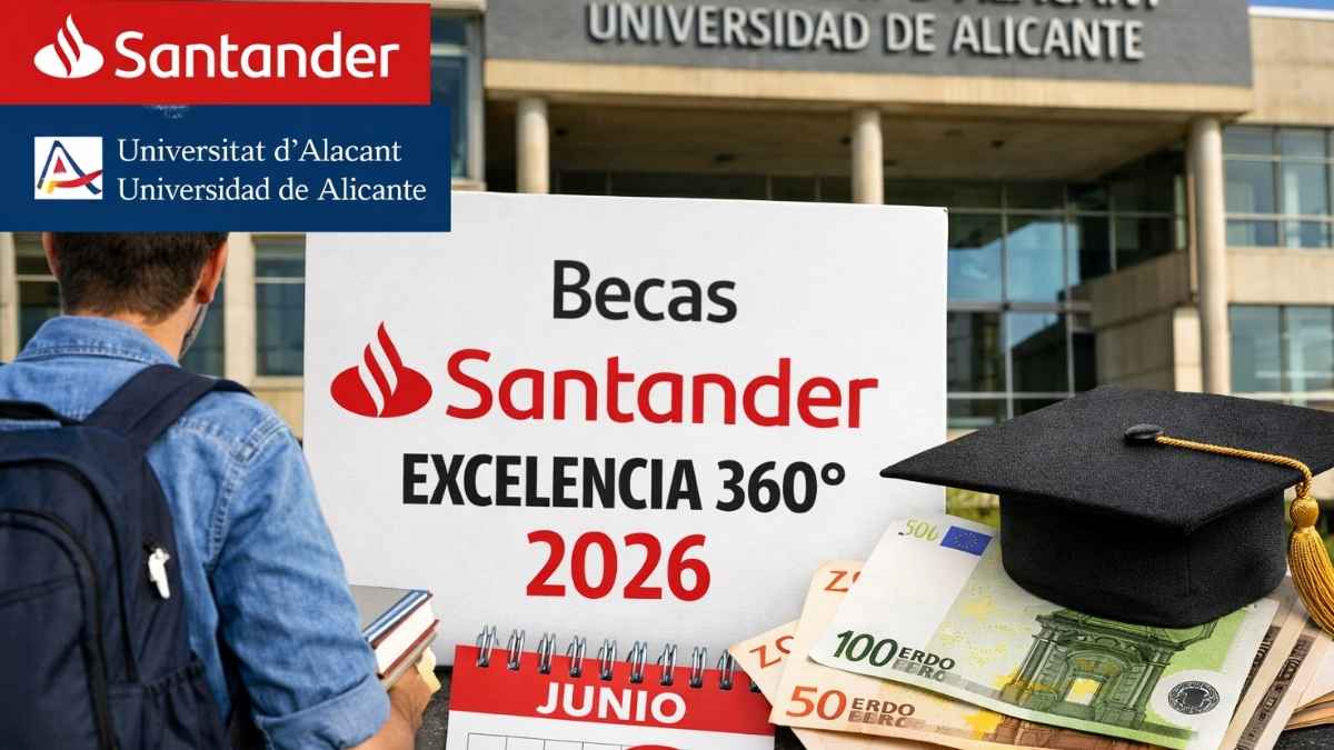 Estudiante ante la Universidad de Alicante con cartel de Becas Santander Excelencia 360° 2026, 12.000 euros y fecha 16 de junio