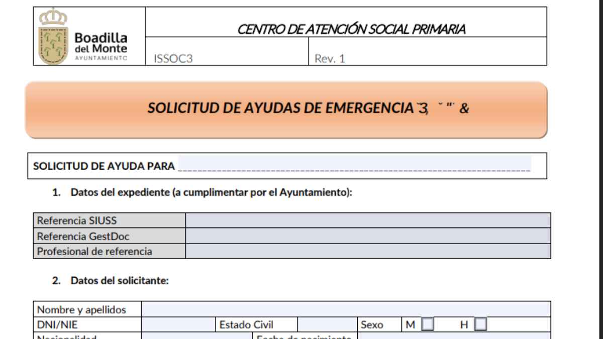 Formulario del Ayuntamiento de Boadilla del Monte para solicitar ayudas de emergencia social