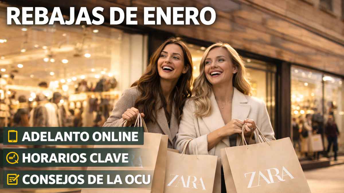 Dos mujeres con bolsas de compra durante las rebajas de enero frente a una tienda de moda