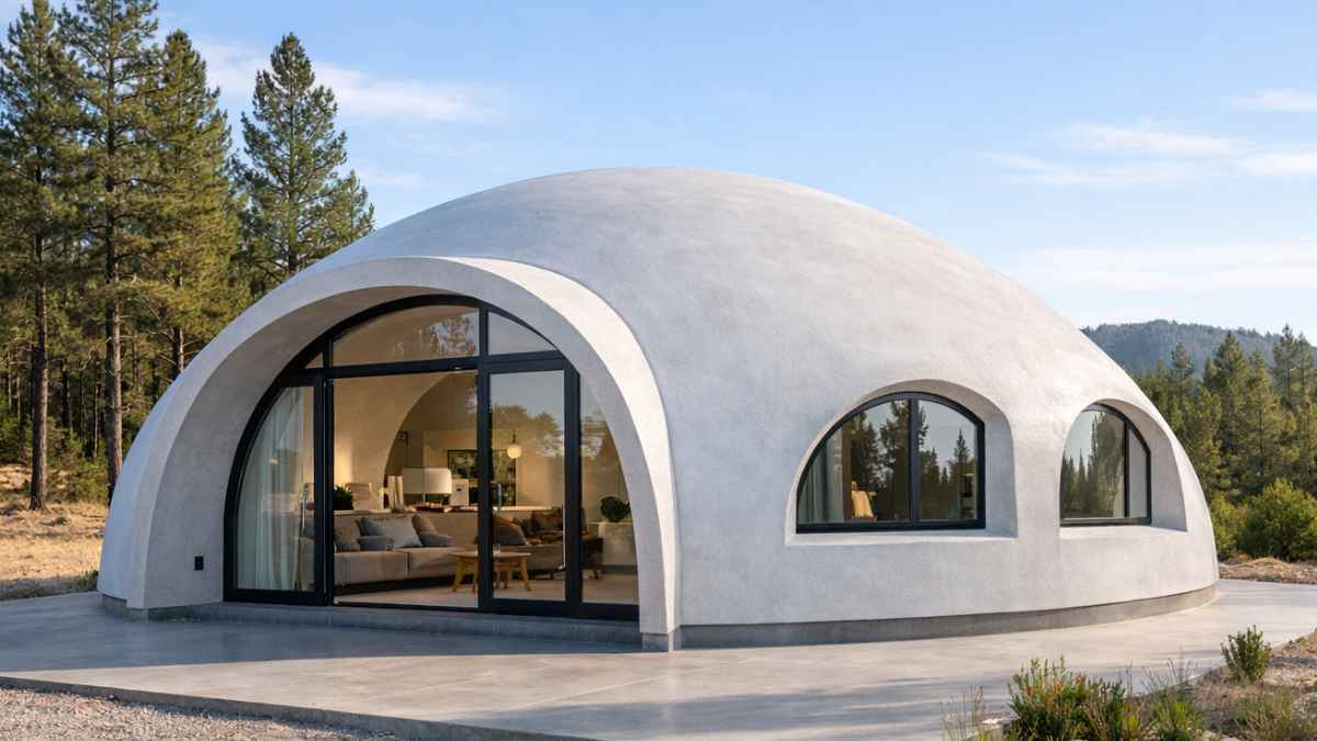 Casa domo modular terminada con estructura curva, paredes continuas y grandes ventanales en un entorno natural