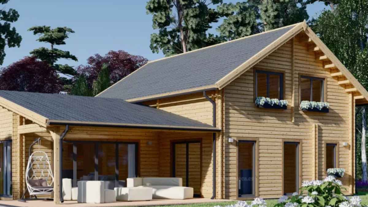 Casa prefabricada de madera de dos plantas con gran terraza y ventanales, vivienda de 180 m2 con 5 dormitorios por 60.259 euros