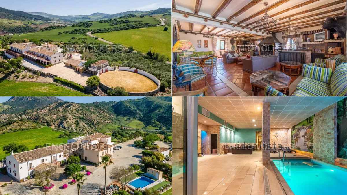 Montaje del cortijo en venta cerca de Ronda con vistas aéreas, plaza de toros privada, salón rústico y spa con piscina