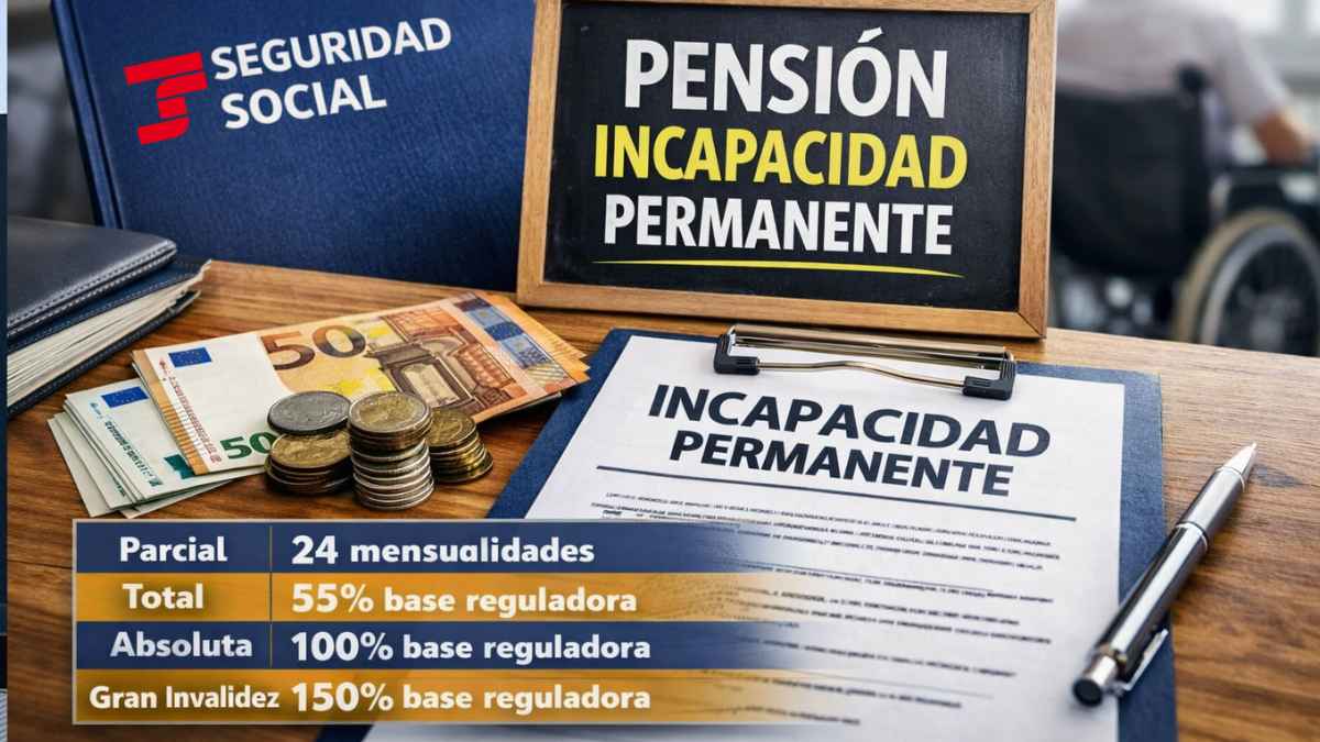 Mesa con documento de incapacidad permanente, dinero en euros y referencia a pensiones de la Seguridad Social