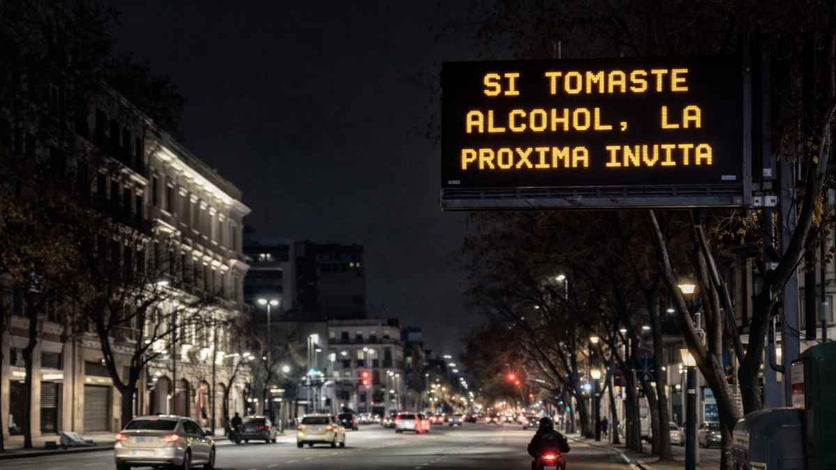 Panel luminoso de tráfico en una calle de noche con el mensaje “SI TOMASTE ALCOHOL, LA PROXIMA INVITA”.