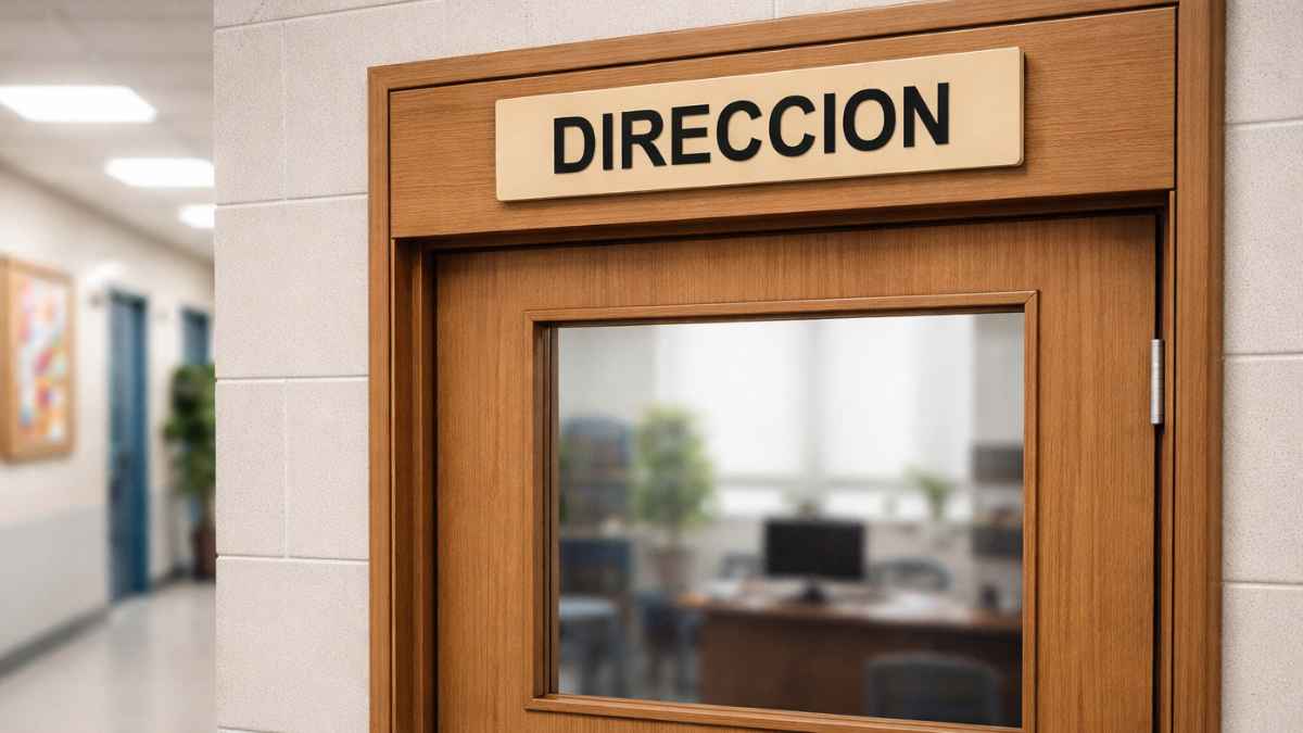 Puerta del despacho de Dirección de un colegio vista desde el pasillo, con el cartel “DIRECCIÓN” sobre la puerta