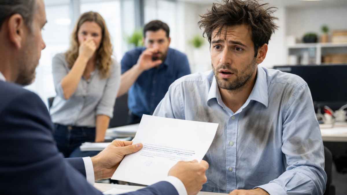 Trabajador recibe una carta de despido en la oficina mientras sus compañeros reaccionan por la falta de higiene en el trabajo
