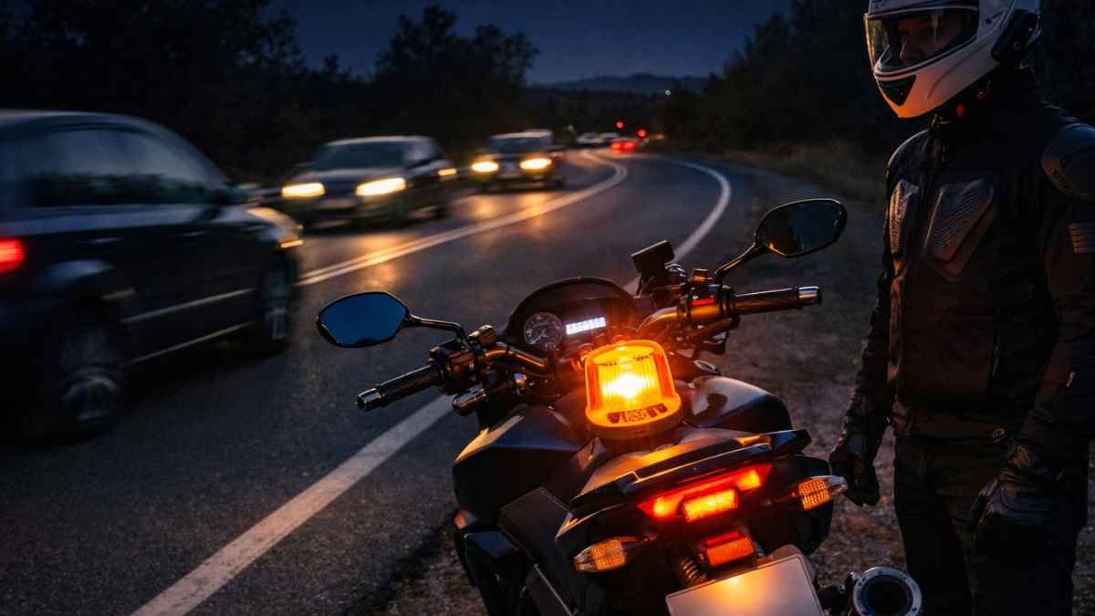 Motorista detenido en el arcén de noche junto a una moto con la baliza V16 encendida mientras pasan coches
