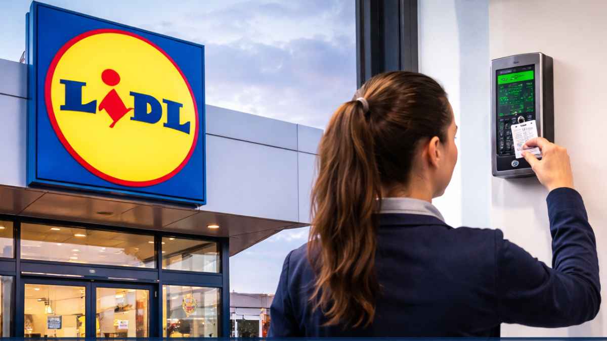 Empleada de Lidl fichando la salida en un supermercado tras una sentencia del TSJ que avala su despido por cerrar antes de hora