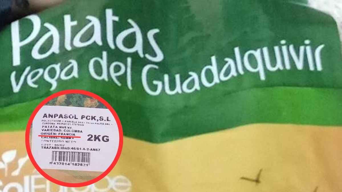 Envase de patatas Vega del Guadalquivir con etiqueta que indica origen Francia y productora Anpasol Pck SL