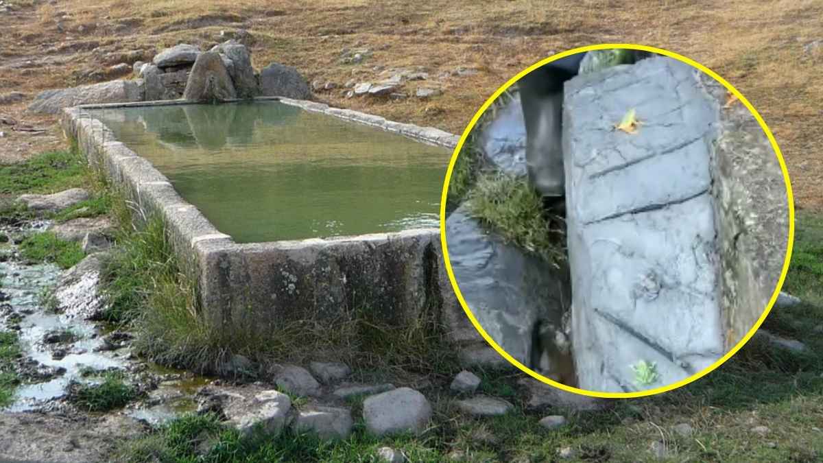 Abrevadero ganadero en León con rampa de cemento para anfibios instalada en un pilón de piedra