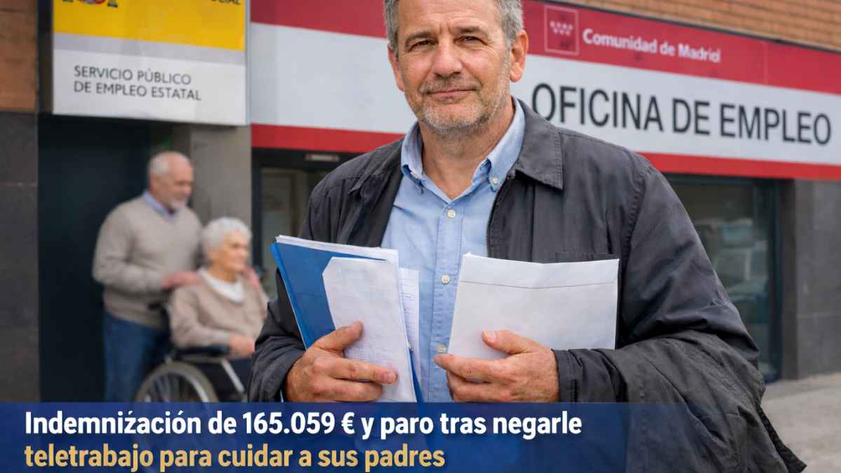 Trabajador frente a una oficina de empleo tras obtener indemnización de 165.059 euros por negarle teletrabajo para cuidar a sus padres