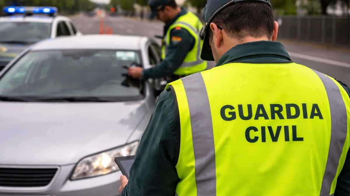 Agente de la Guardia Civil realizando un control de tráfico y comprobando la ITV de un vehículo en carretera