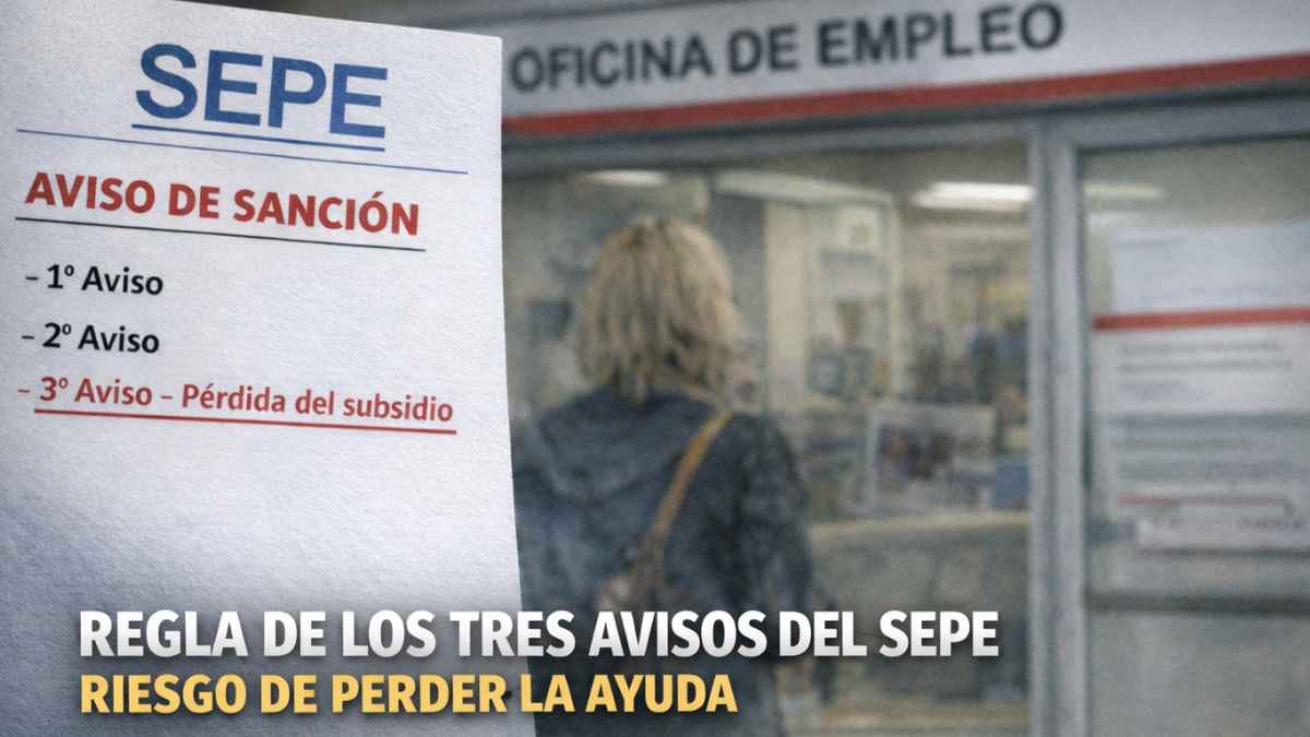Aviso de sanción del SEPE por la regla de los tres avisos en una oficina de empleo, riesgo de perder el subsidio.