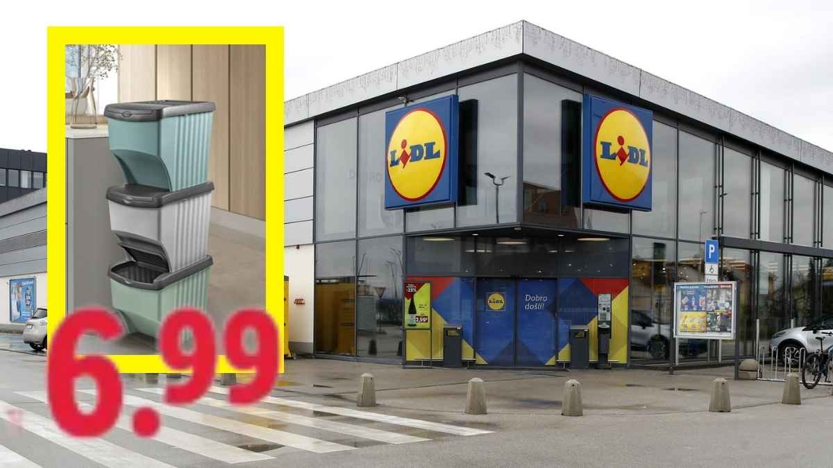 Fachada de una tienda Lidl y cubos de basura apilables de 4 litros por 6,99 euros para reciclar en la cocina