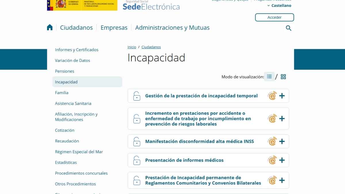 Pantalla de la Sede Electrónica de la Seguridad Social con las opciones de gestión de incapacidad temporal y permanente