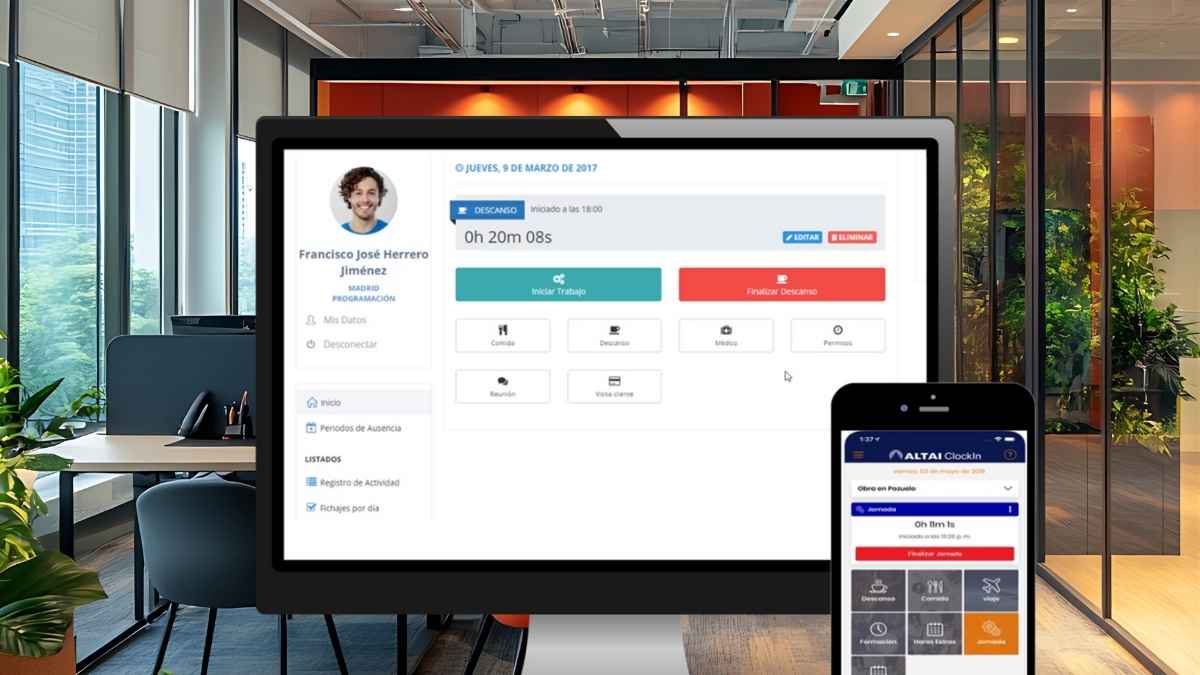 Pantalla con aplicación de control horario y fichaje laboral en una oficina, con versión móvil para registrar entrada y salida