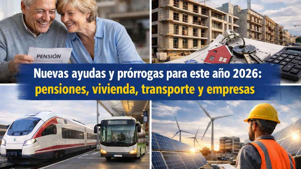 Collage sobre ayudas 2026 en España: pensiones, vivienda, transporte público y apoyo a empresas y renovables.