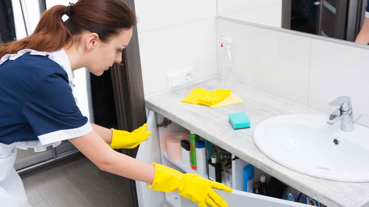 Trabajadora doméstica limpiando un baño, siguiendo las nuevas normas de seguridad laboral para el servicio doméstico en España