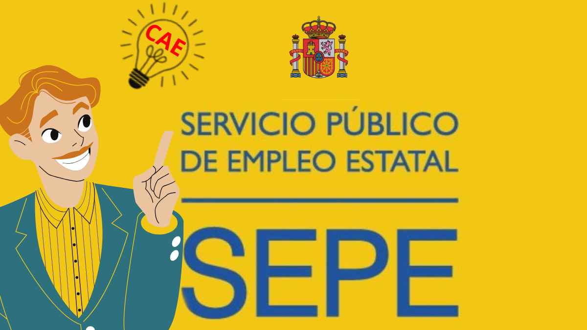 Ilustración del SEPE con una persona señalando y una bombilla con CAE sobre fondo amarillo