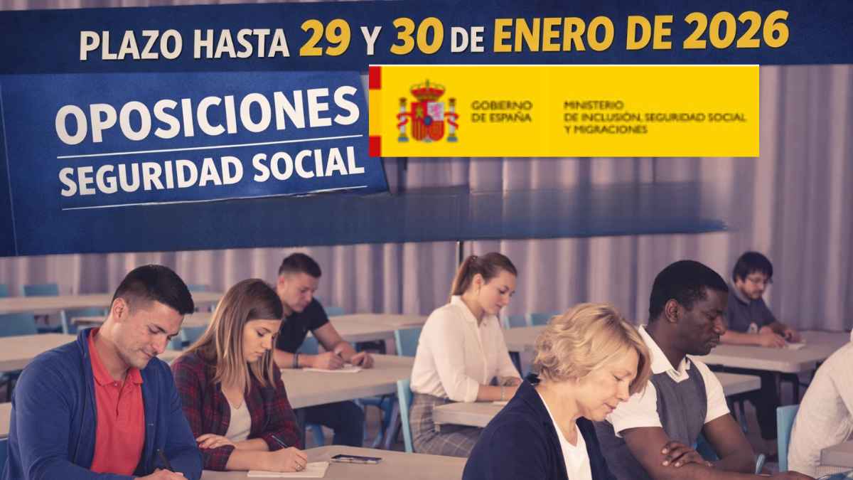 Opositores realizando un examen en aula con cartel ‘Oposiciones Seguridad Social’ y plazo hasta el 29 y 30 de enero de 2026.