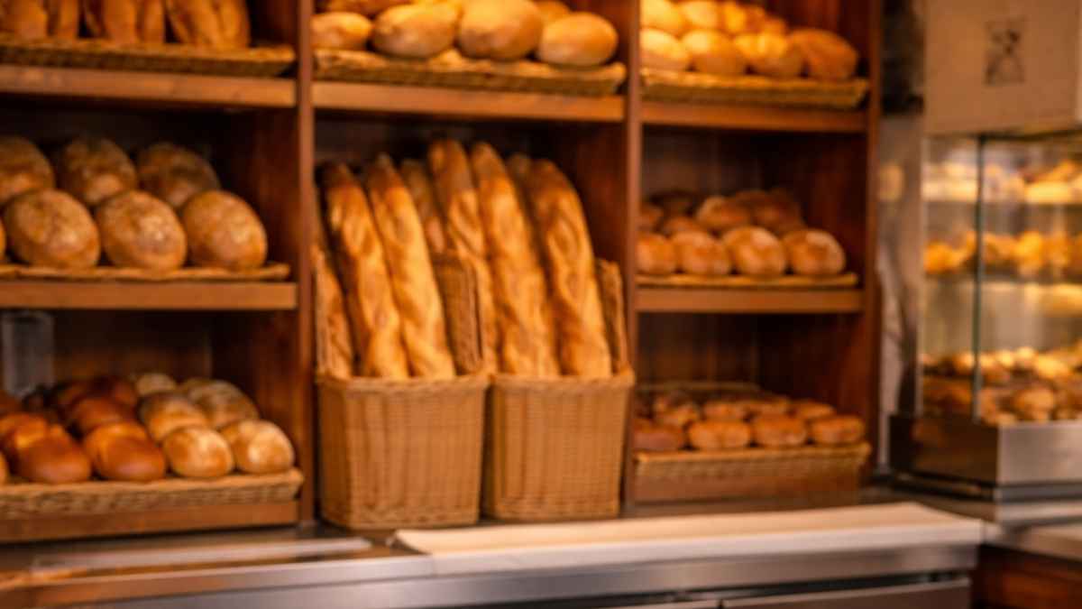 Interior de una panadería tradicional con estanterías de madera llenas de pan artesanal y bollería recién horneada