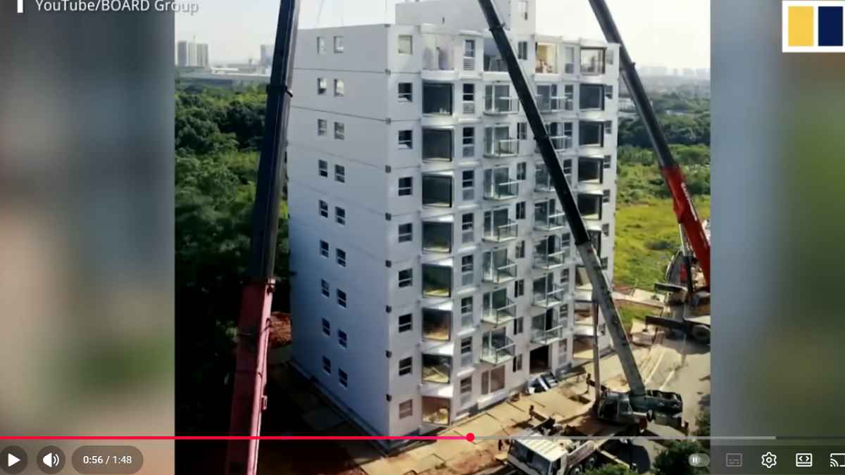 Edificio modular prefabricado de 10 plantas en China, montado con grúas (vídeo atribuido a Broad Group)
