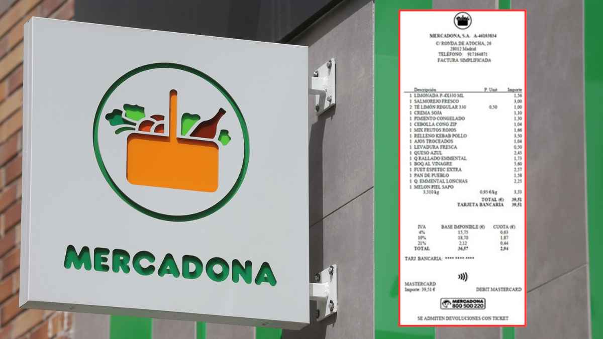 Cartel de Mercadona en la fachada de un supermercado junto a un ticket de compra en papel, en plena polémica sobre el fin del recibo físico