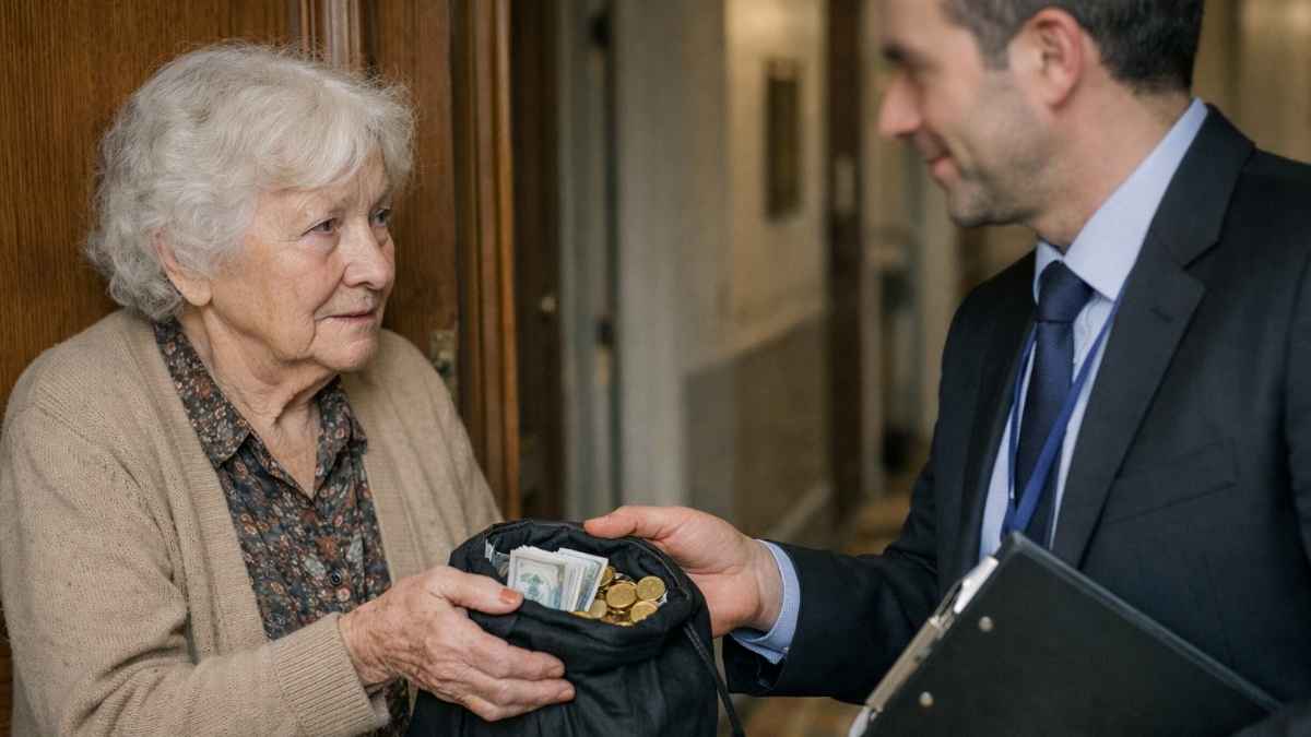 Mujer mayor entrega una bolsa con dinero en efectivo y monedas de oro a un hombre que se hace pasar por empleado bancario en la puerta de su casa