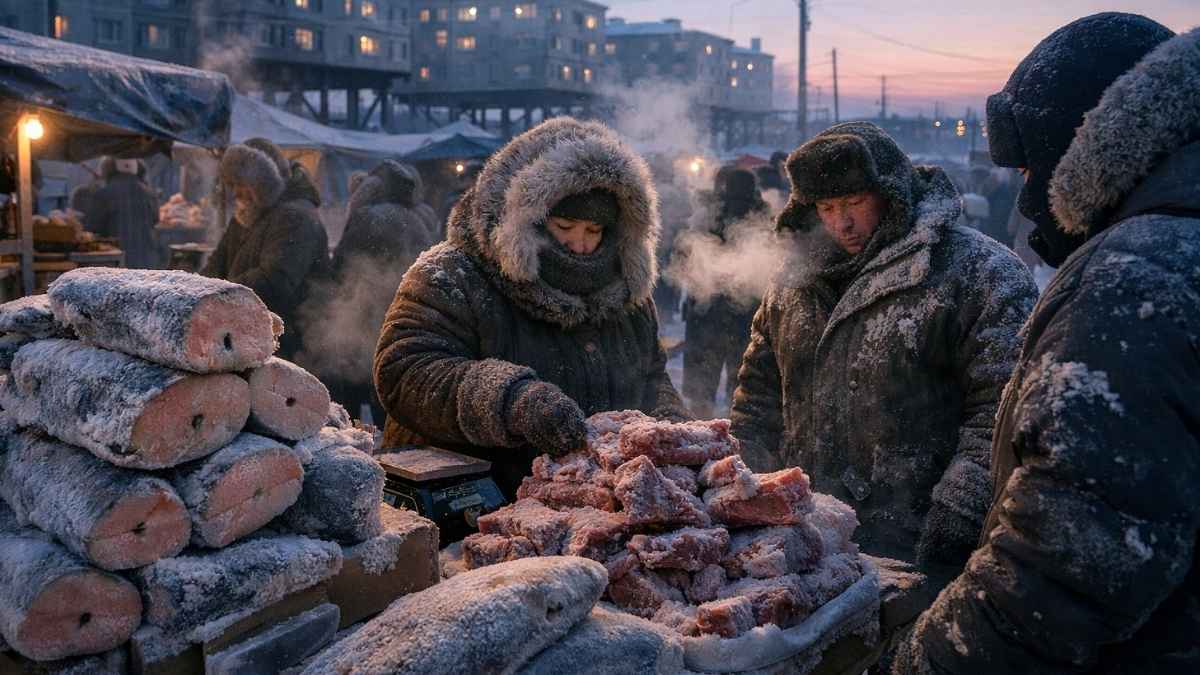 Mercado al aire libre en Yakutsk con pescado congelado y carne en puestos, personas con abrigos gruesos y vaho visible por el frío