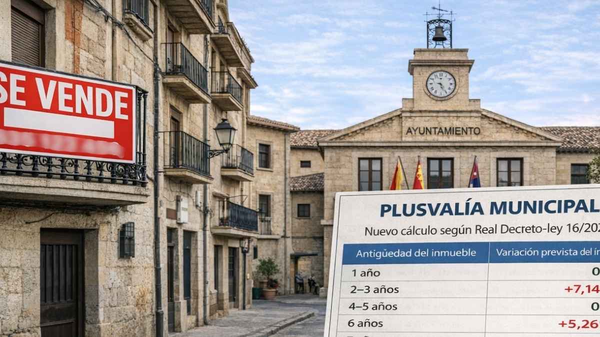 Ayuntamiento y cartel de Se vende junto a una tabla con los cambios de la plusvalía municipal según la antigüedad de la vivienda