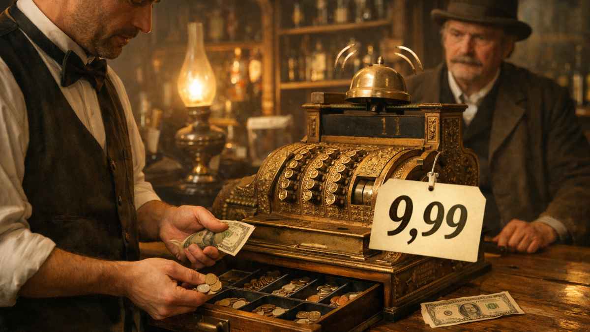 Camarero dando cambio junto a una caja registradora antigua con cartel 9,99, el origen de los precios terminados en 99.