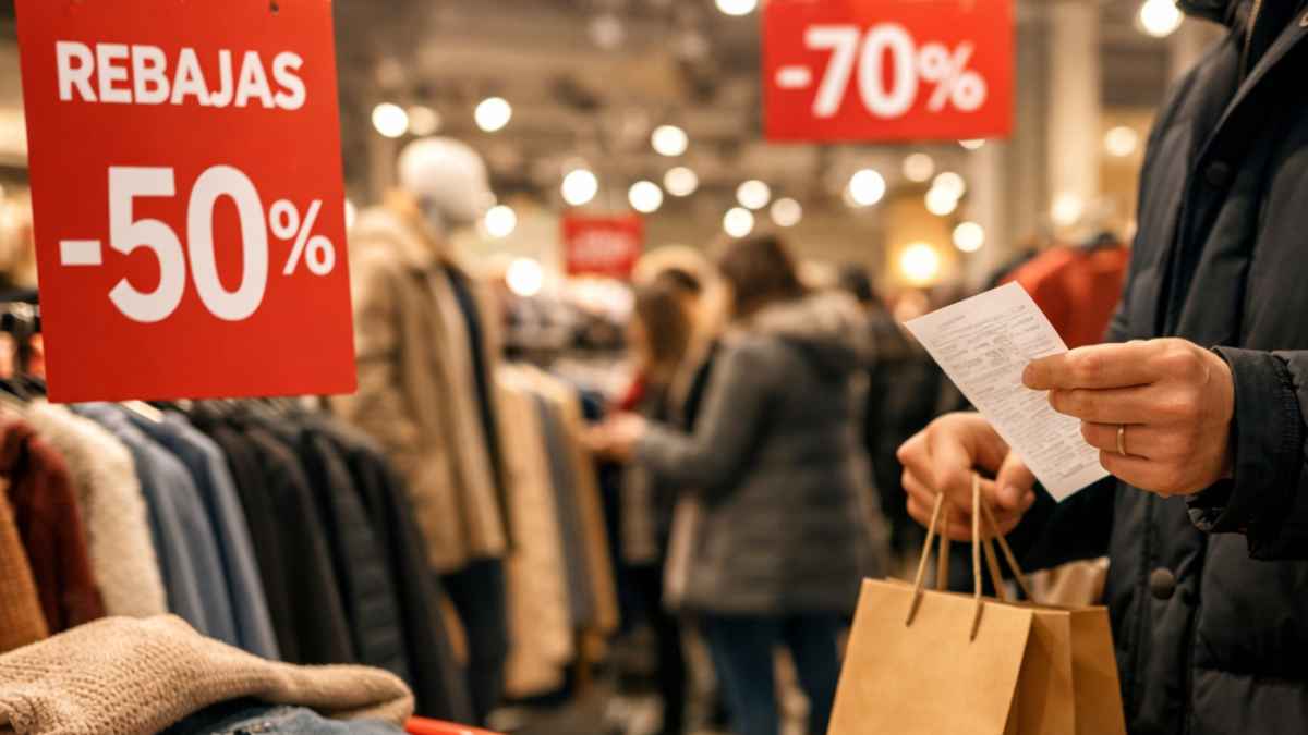Compras en rebajas de enero con descuentos del 50% y 70%, carrito de ropa, tique y lista para evitar gastos innecesarios