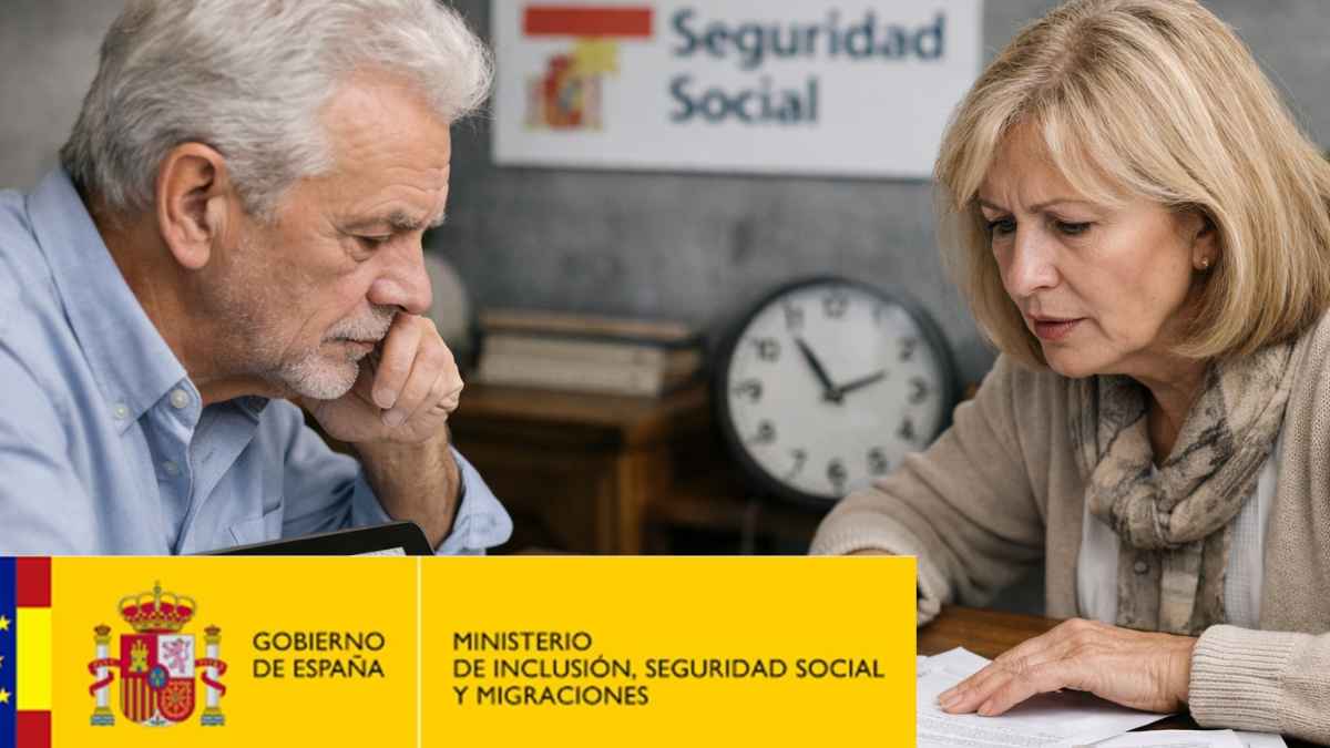 Pareja de jubilados revisando documentos de la Seguridad Social sobre la jubilación en 2026