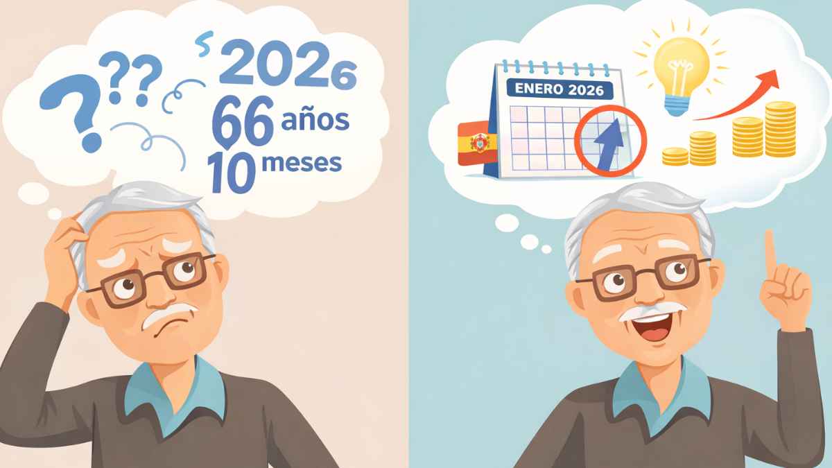 Ilustración de un jubilado con dudas y luego sonriente por el cambio de edad de jubilación en 2026 a 66 años y 10 meses