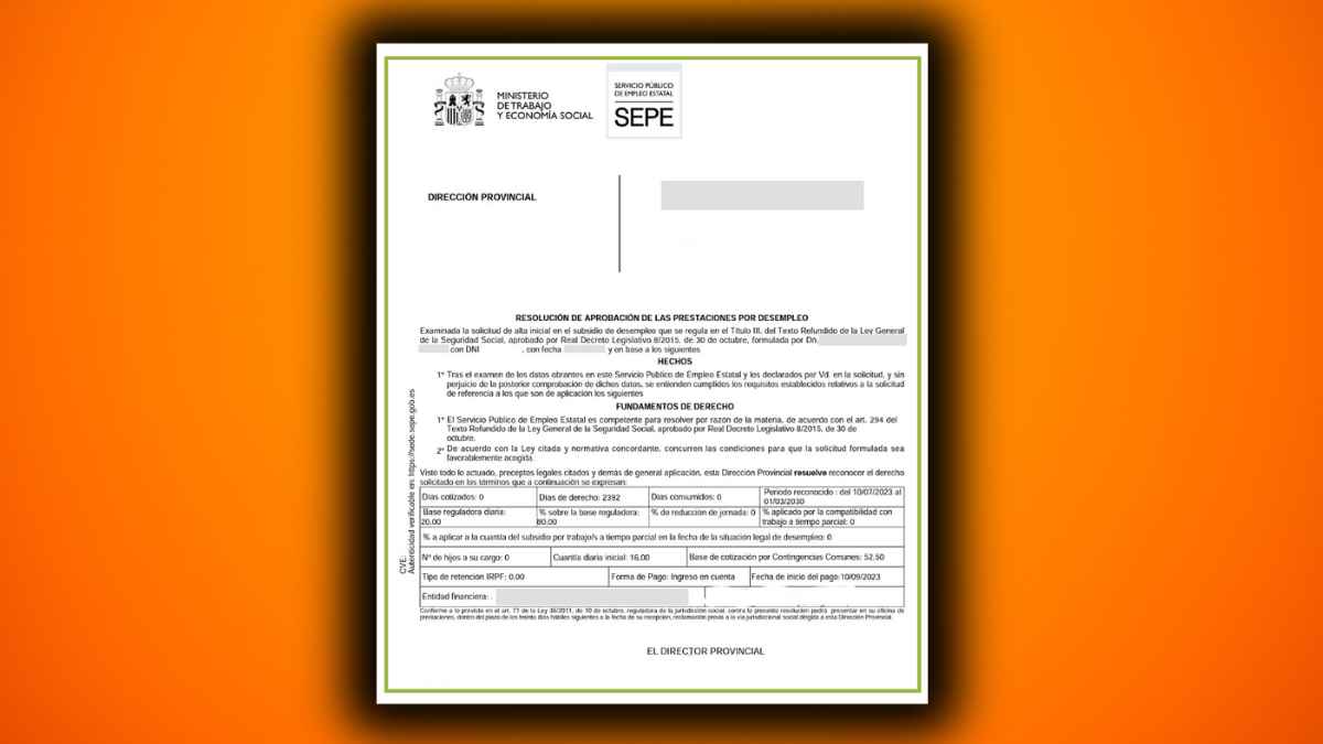 Resolución del SEPE con la aprobación de la prestación por desempleo y datos del paro reconocido
