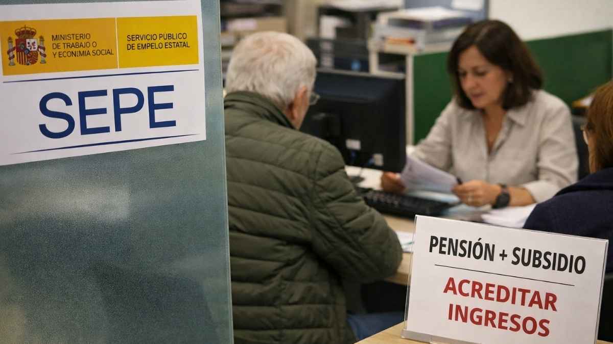 Oficina del SEPE con aviso sobre acreditar ingresos para compatibilizar pensión y subsidio por desempleo