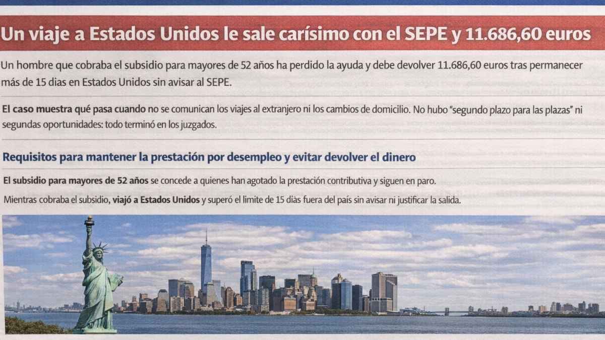 Captura de pantalla sobre un viaje a Estados Unidos que provoca la pérdida del subsidio del SEPE y la devolución de 11.686,60 euros.