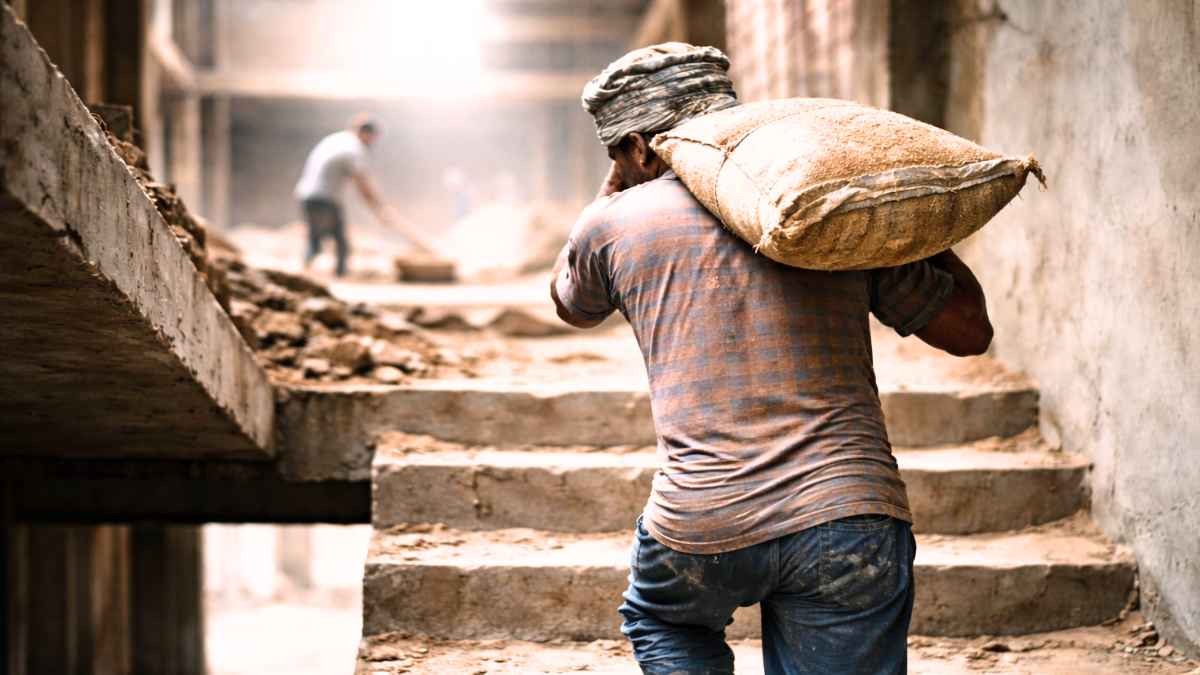 Obrero de la construcción de espaldas subiendo escaleras con un saco de arena en una obra sin medidas de protección