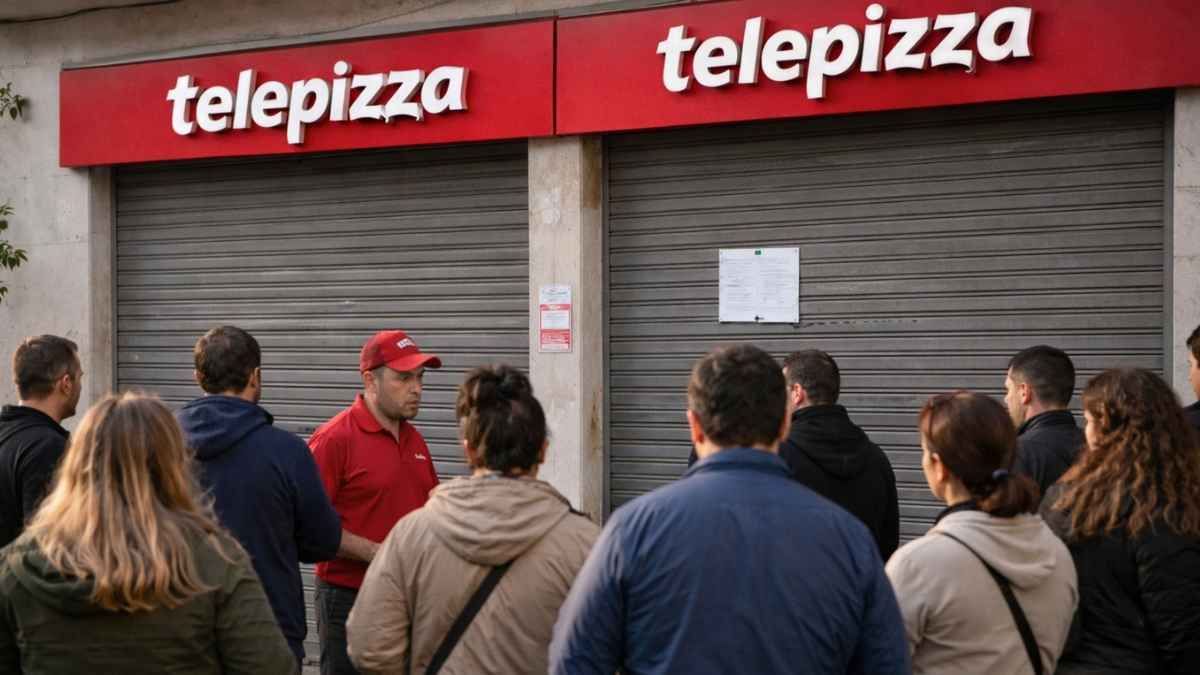 Trabajadores de Telepizza frente a un local cerrado en Málaga tras el despido de toda la plantilla