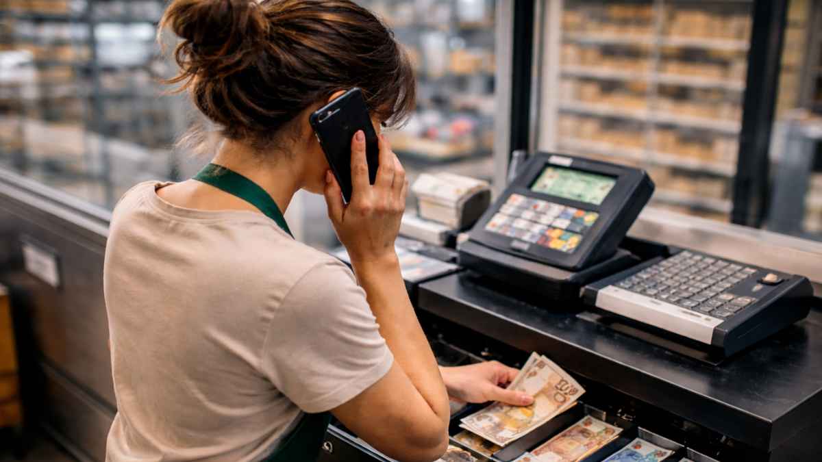 Trabajadora de tienda contestando una llamada telefónica mientras maneja billetes de euro en una caja registradora