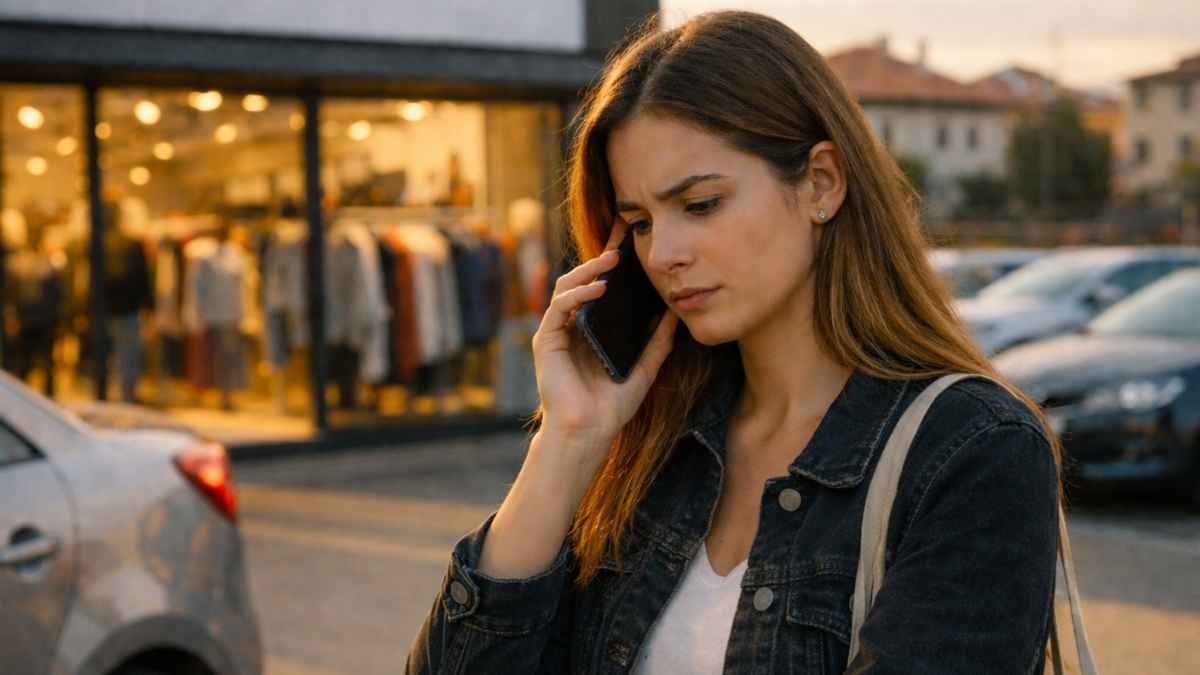 Mujer en el aparcamiento de una tienda de ropa hablando por teléfono, con expresión preocupada, al atardecer