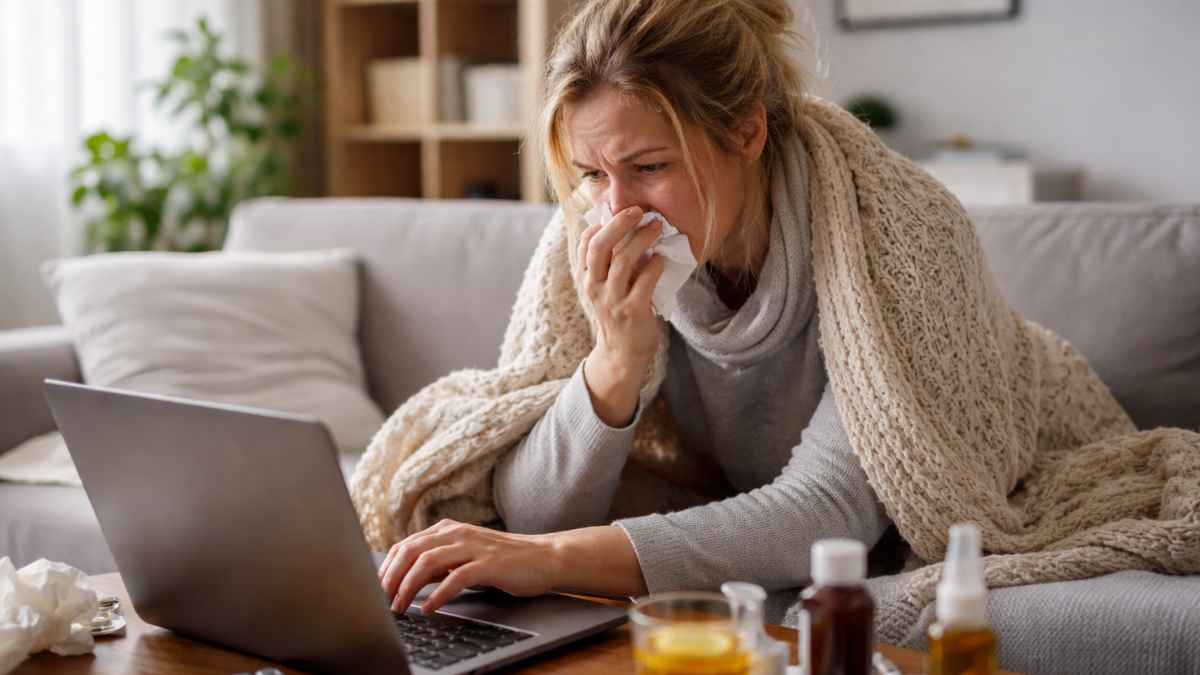 Persona trabajando desde casa mientras está enferma, con un ordenador portátil, medicamentos y una taza de té.