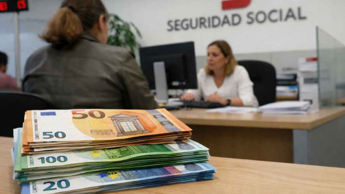 Oficina de la Seguridad Social con billetes de euros en primer plano durante una atención administrativa