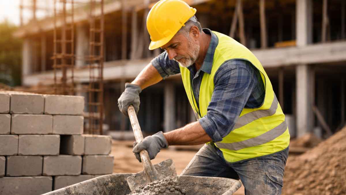 Albañil trabajando en una obra de construcción mientras prepara cemento
