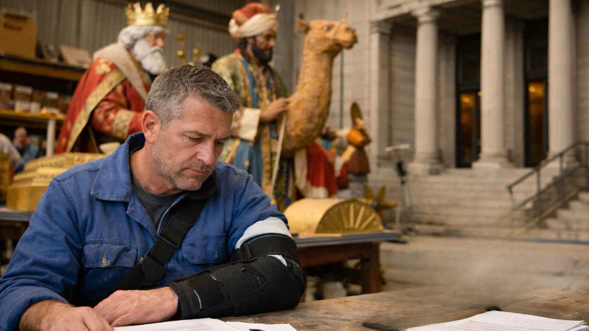 Operario constructor de carrozas con el brazo derecho lesionado en taller, junto a documentos y símbolos de justicia.