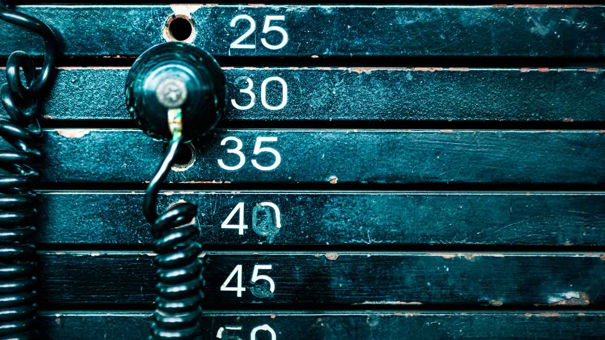 Selector de peso de una máquina de gimnasio con el número 30 visible