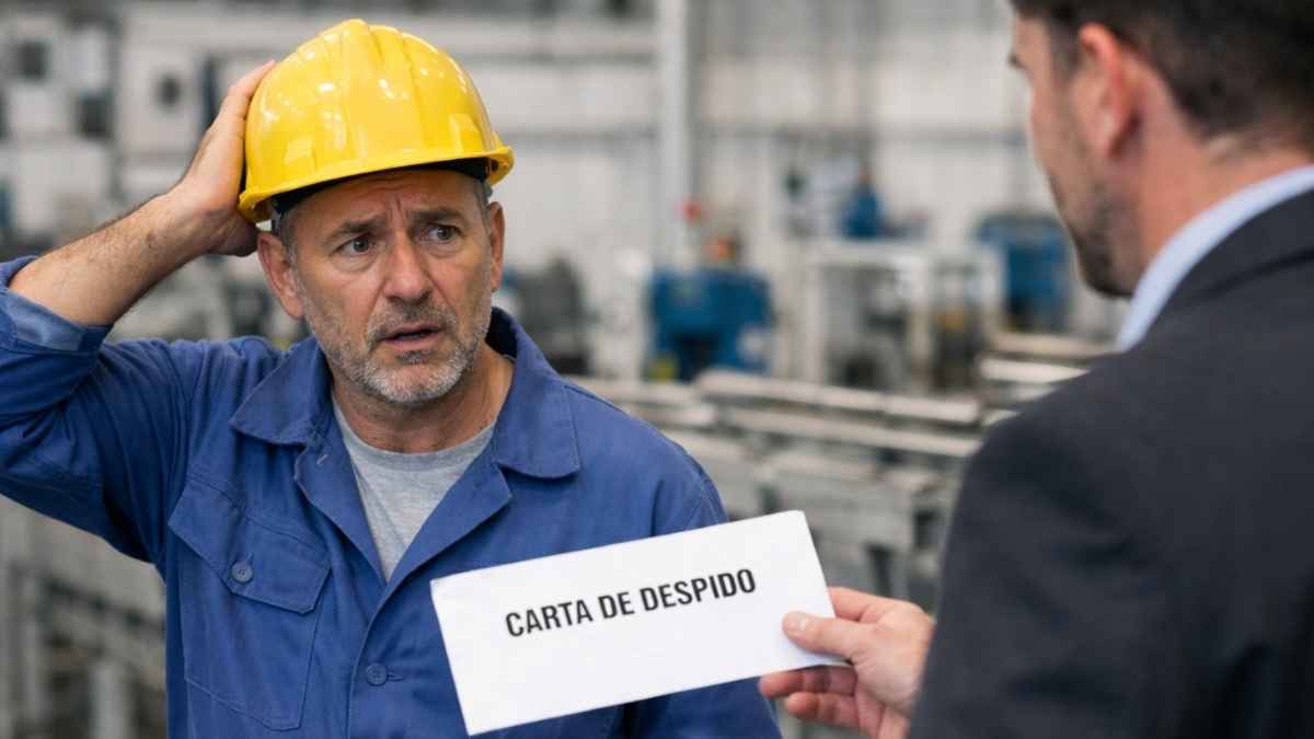 Trabajador en fábrica recibe una carta de despido mientras habla con un responsable de la empresa