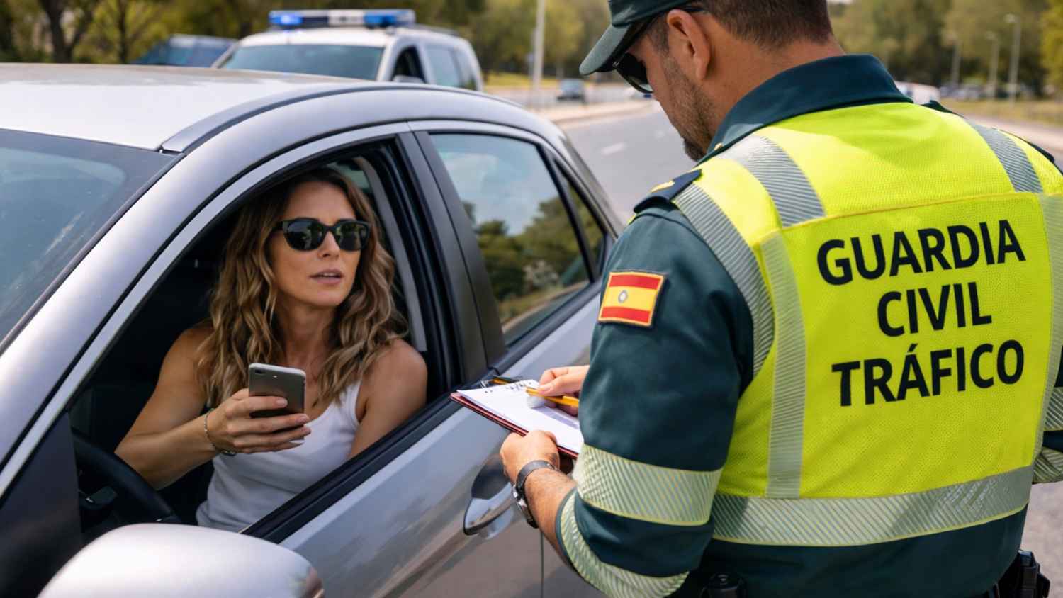 Guardia Civil de Tráfico identifica a una conductora durante un control mientras sostiene el móvil