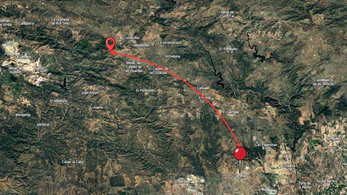 Mapa satelital con el recorrido entre Peroamigo, en El Castillo de las Guardas, y Gerena, en Sevilla, marcado con una línea roja y dos pines